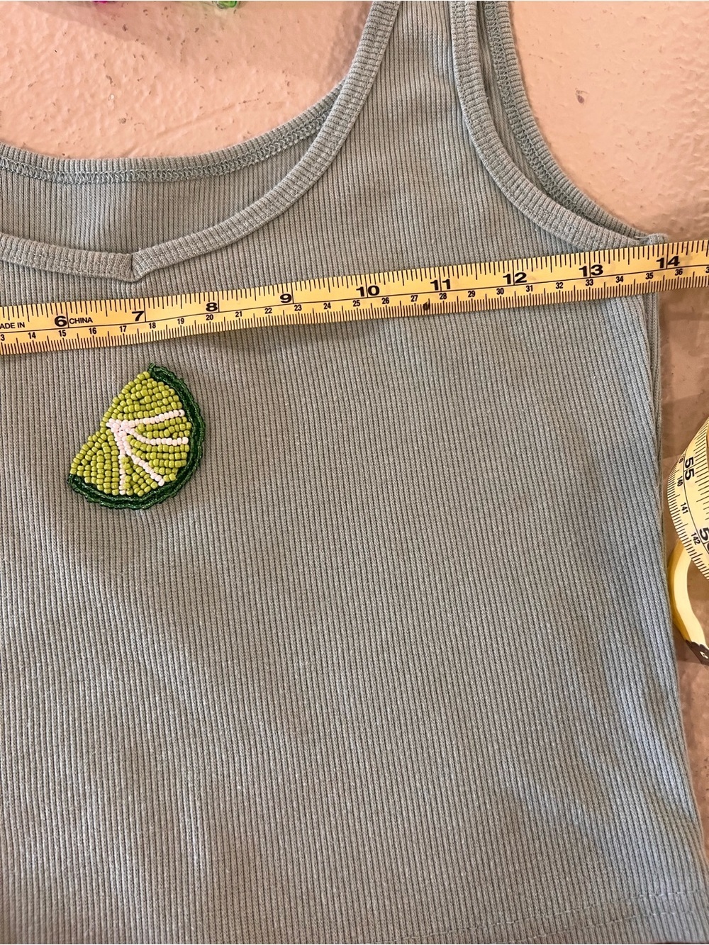Y2K Ribbed Tank Top Lime Beaded Detail Sage Green Crop Stretch - Picture 5 of 6